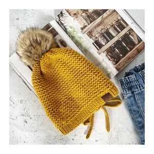C.C Boutique Faux Fur Pom Slouchy Knit Beanie Hat Mustard Yellow